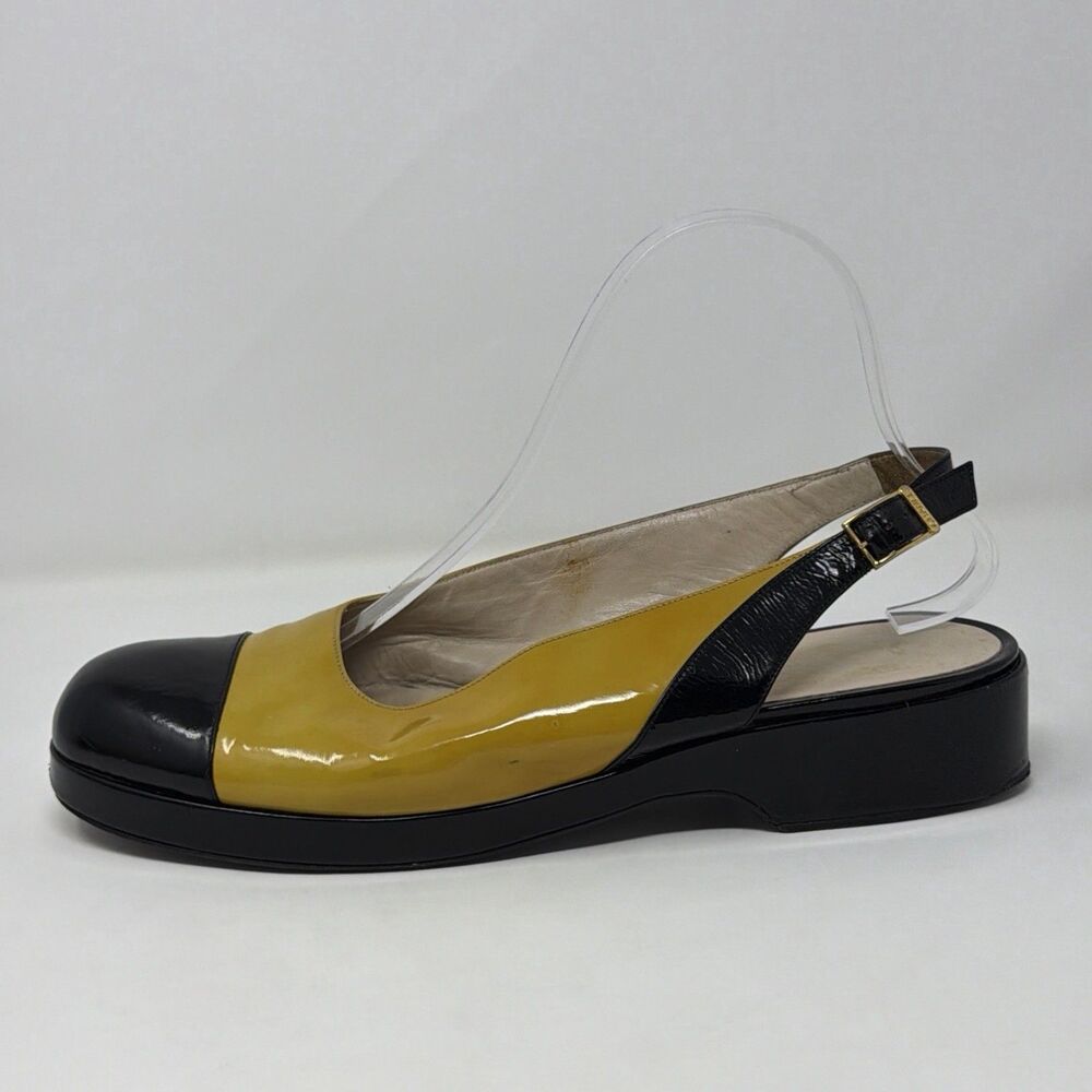 Chanel Vintage Slingback Heels Yellow Black Cap Toe Patent Leather EU 40 Italy - Picture 3 of 16